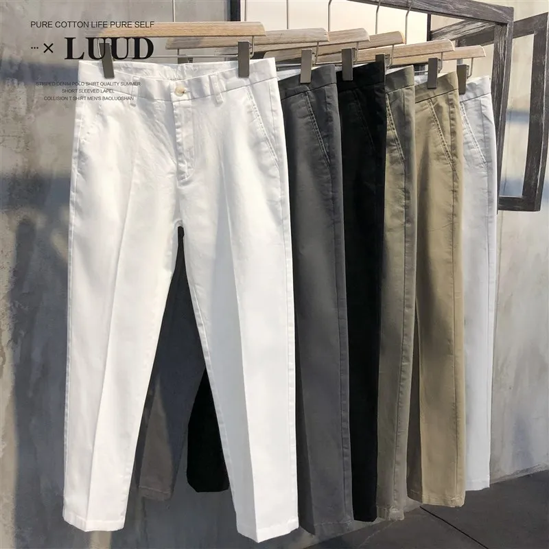 

Мужские повседневные брюки Slim Fit из чистого хлопка, осенне-летние, новые, в корейском стиле, модные, драпированные, молодежные, укороченные, размер M