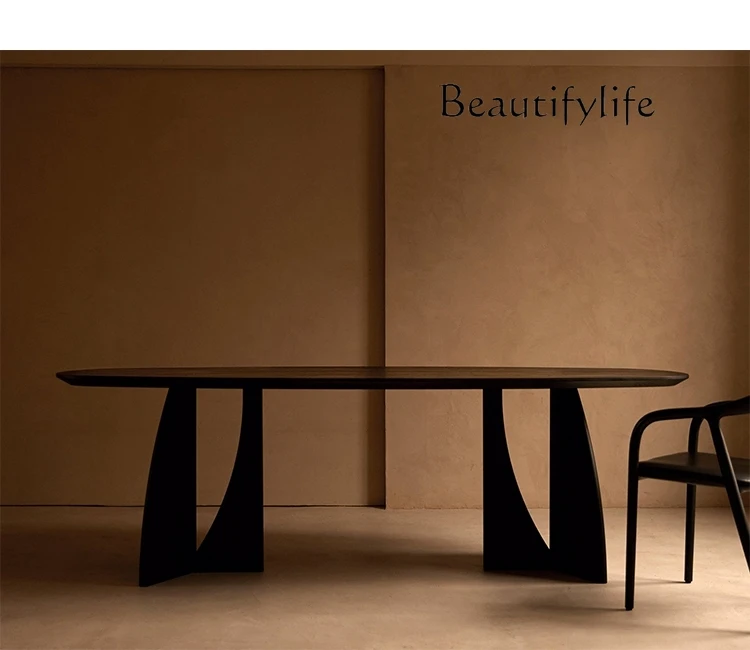 

Nordic log dining table Home desk Oak wabi wind solid wood designer Oval computer desk