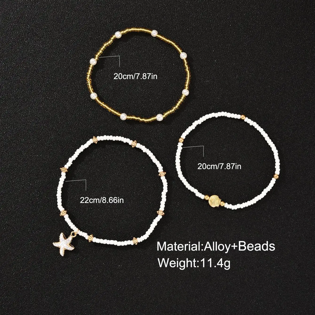 Starfish pendant anklet set 3-piece seaside vacation beach shell rice bead anklet