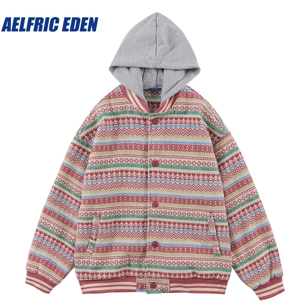 

Aelfric Eden Colorful Knit Hoodie Y2K 2023 Men Japanese Hip Hop Vintage Patchwork Streetwear Harajuku Cotton Loose Hooded Coat