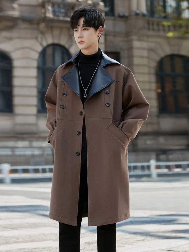 

Men's Mid-Length Windbreaker Briti Sle Casual Coat Spring Autumn New 2024 Aesthetic Lapel Single Button Pure Color