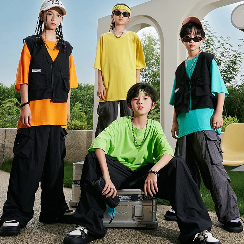 

Summer Teenagers Hip Hop Dance Clothes Loose Short Sleeves T Shirt Cargo Pants Boys Fashion Streetwear Girls Performance Costume