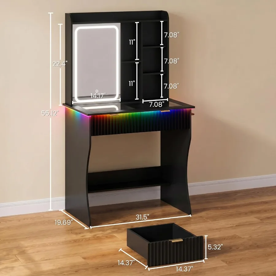 Fluted Makeup Vanity Desk with Sliding Mirror and RGB Lights