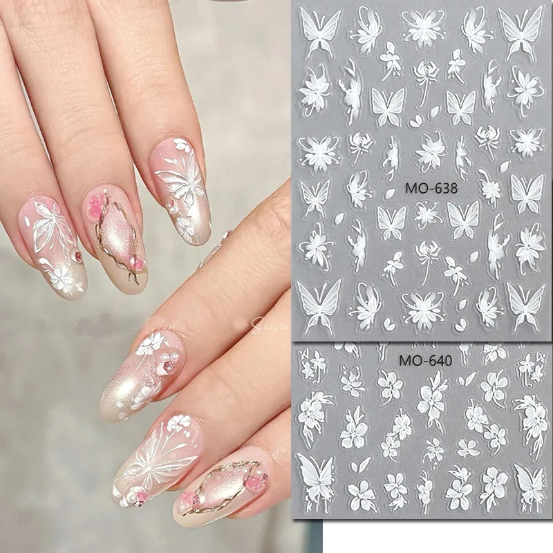 

5D Embossed Nail Art Stickers White Bauhinia Flowers Butterflys Nails Decals Decorations For Manicures