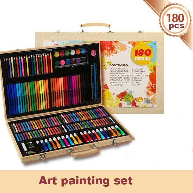 

180pcs for the new school season - Wooden box set of paintbrushes, watercolor pens, crayons, DIY painting art gift box set