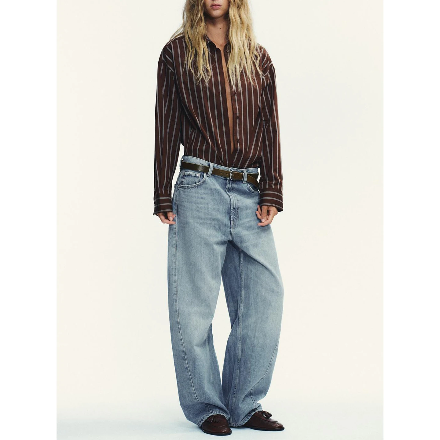 冬の新作レディースロングジッパーデニムパンツ、バルーンシルエット、ナイフストレートレッグジーンズ、ミッドウエスト、Lウエスト、ポリエステル...