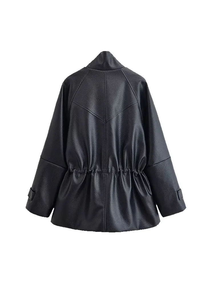 TFAFXY 여성 가죽 재킷 블랙 긴 소매 지퍼 포켓 스탠드 칼라 여성 코트 2026 봄 가을 신상 아우터 Y2K