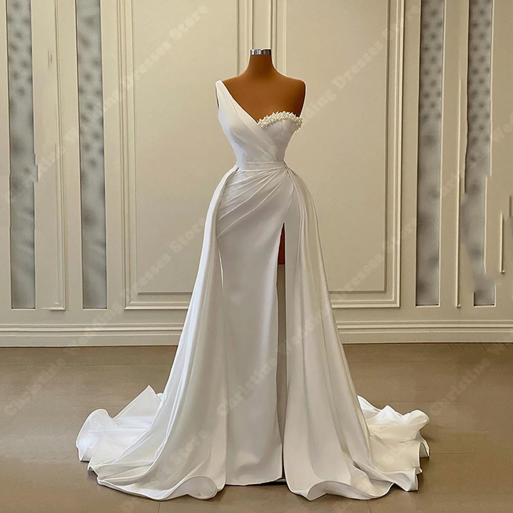 High-Quality Satin Women Bridal Gowns Sexy Simple Fork Sleeveless Mopping Length Wedding Dresses Formal Sweet Beach Party Robes