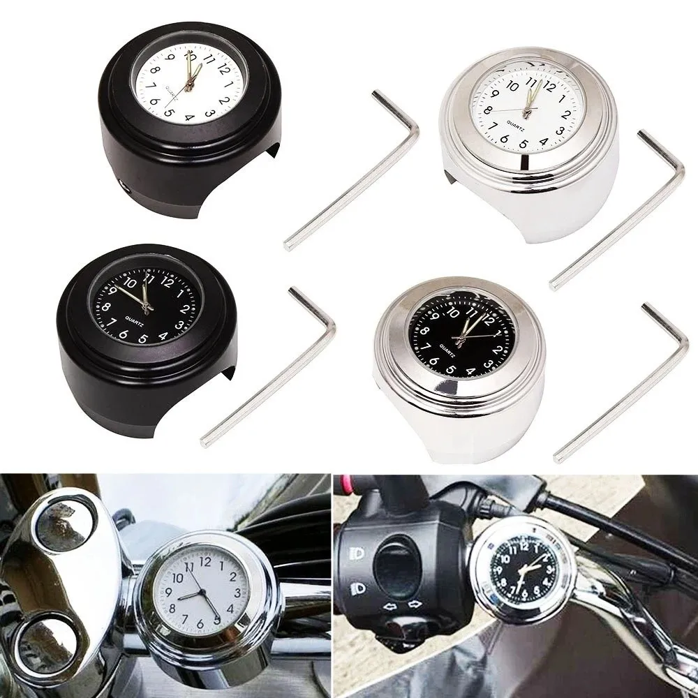 New Round Shape Motorcycle Handlebar Clock 22-25mm Mount Temp Gauge Glow Watch Waterproof Dustproof Bike Clock Universal