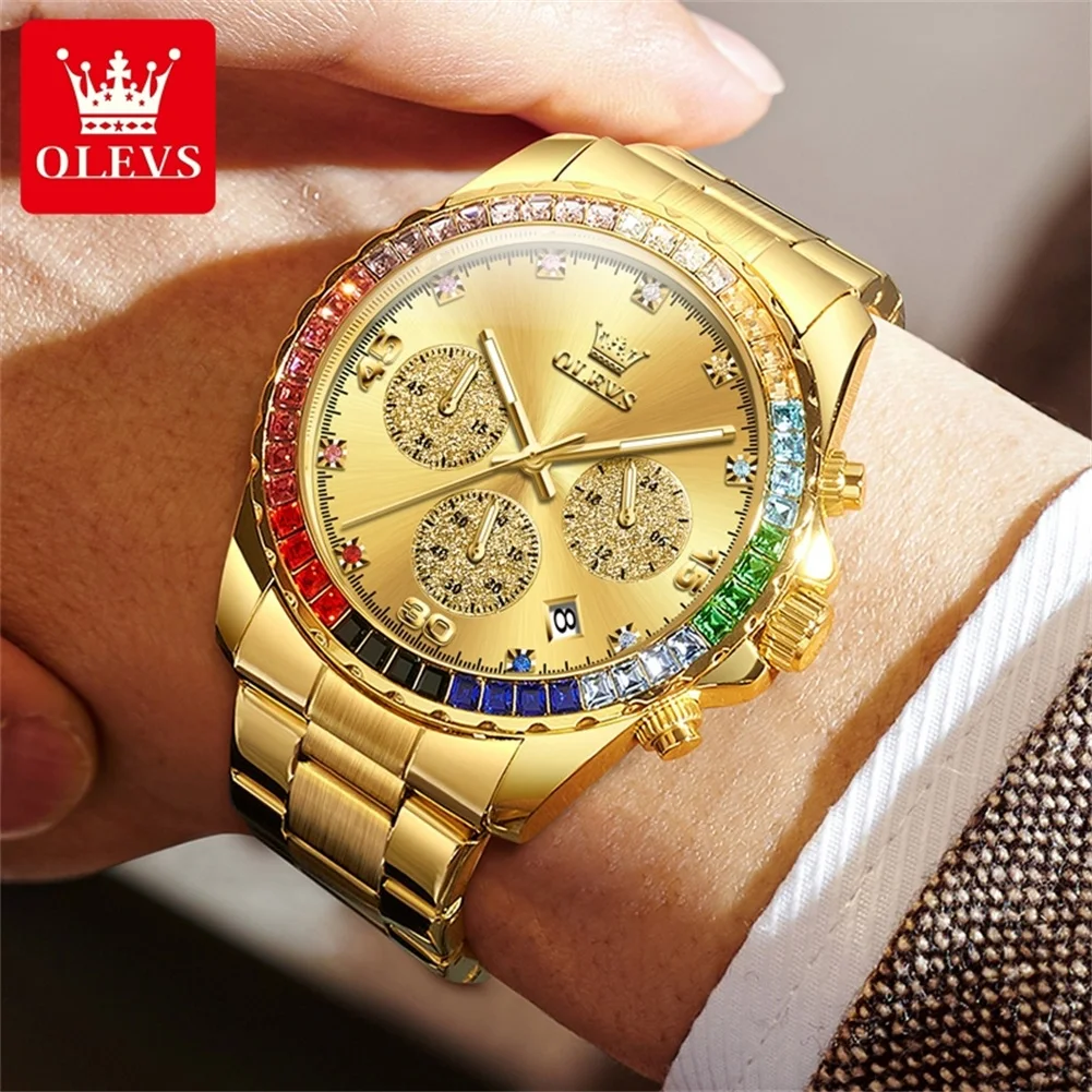 OLEVS Rainbow Diamond Inlaid Quartz Watch for Men Luxury Brand Chronograph Waterproof Watch Man Stainless Steel Men's Wristwatch