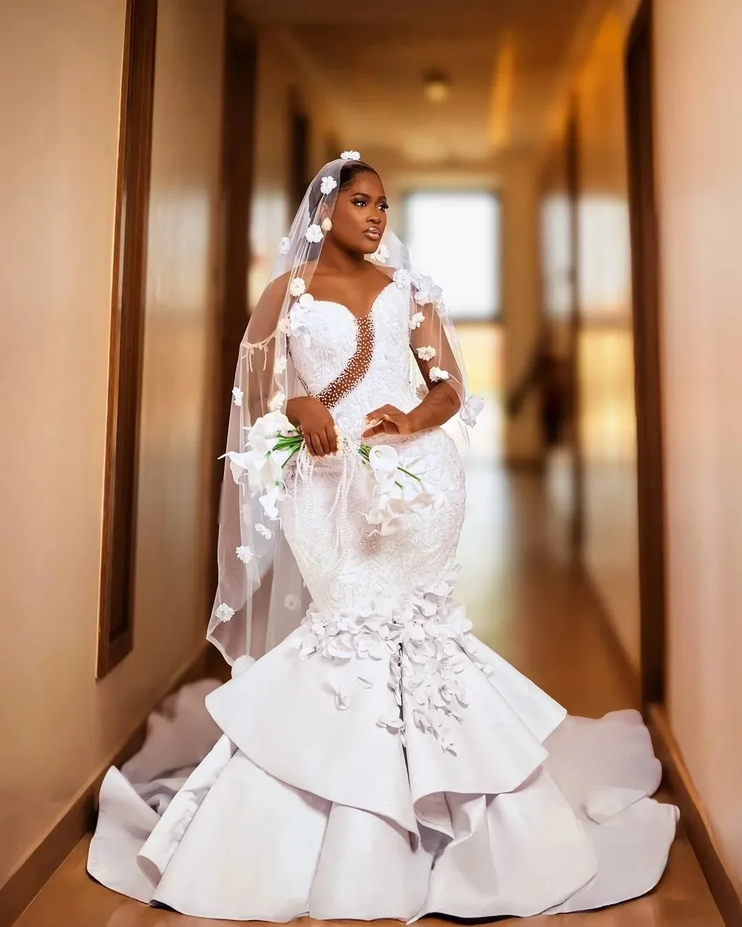 Customized Mermaid Wedding Dress for Bride Plus Size Bridal Gowns Spaghetti Straps Beaded Lace Rhinestones Beaded