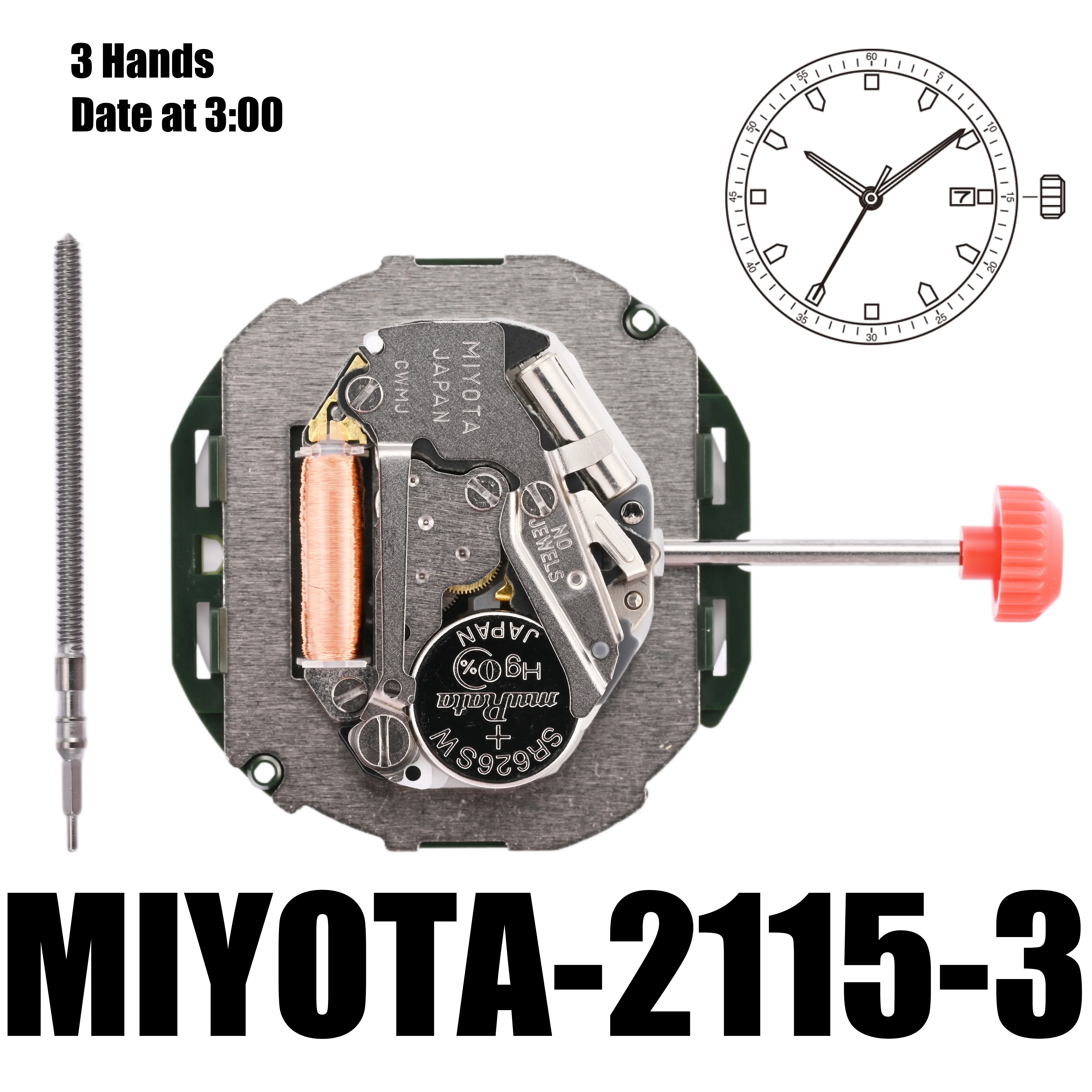 100pcs 2115 Movement Miyota 2115-3 Movement with date display at 3 o'clock 3 Hands Size 10 1/2’’’ Height 4.15mm With Battery