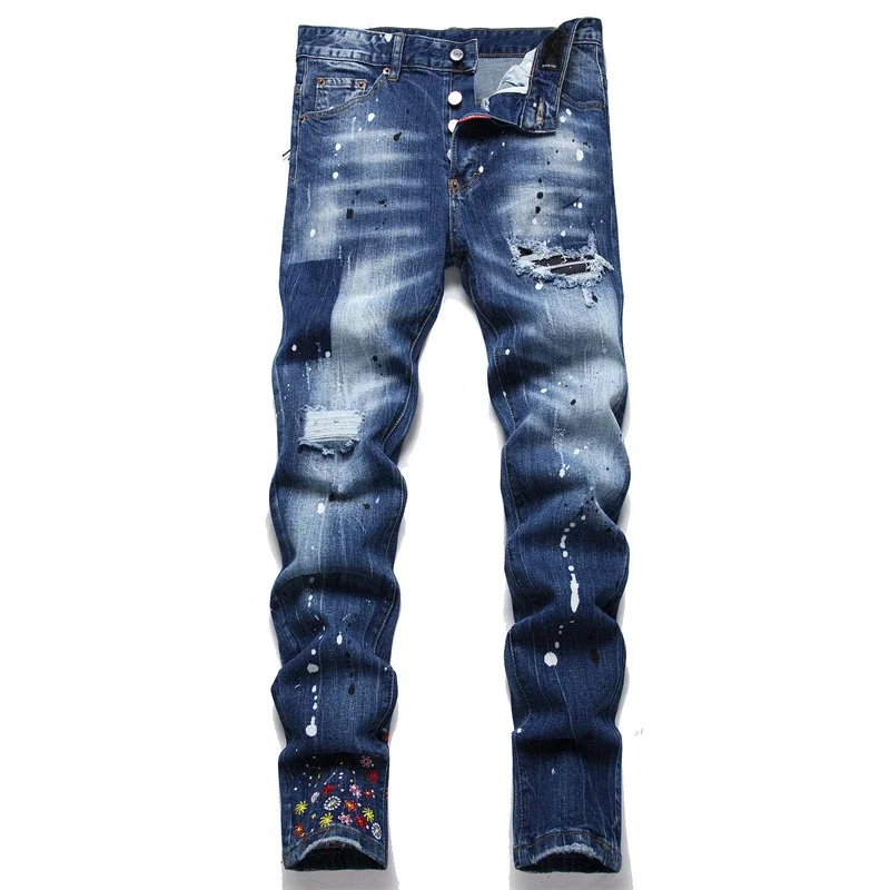 Men Italian High Street Style Stretch Denim Long Jeans Pants Blue Ripped Denim Jeans High Quality Male Slim Denim Trousers 38