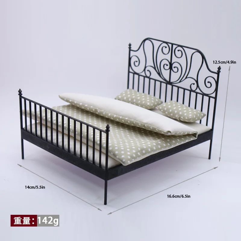 1:12 Mini Double Bed Model European Country Style Iron Bed Floral Fabric Miniature Bedroom Furniture DIY Scene Decoration