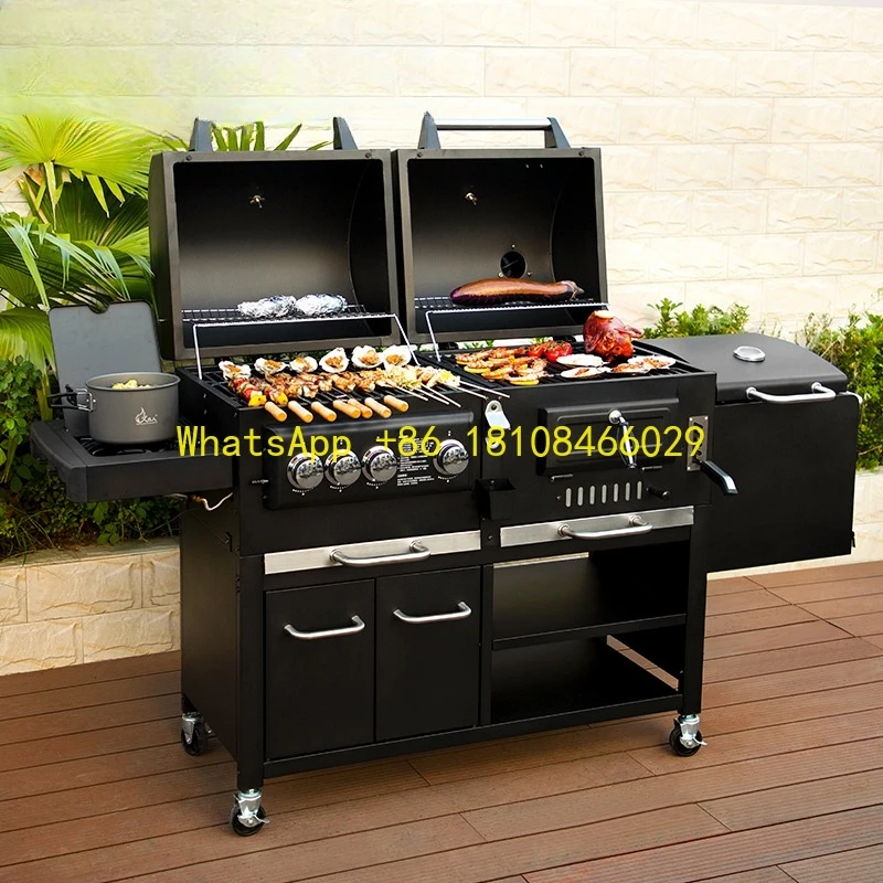 

Smokeless Combo Commercial Barbecue BBQ Grills Outdoor Large Gas and Charcoal Grill Heavy Duty Trolley BBQ Smoker