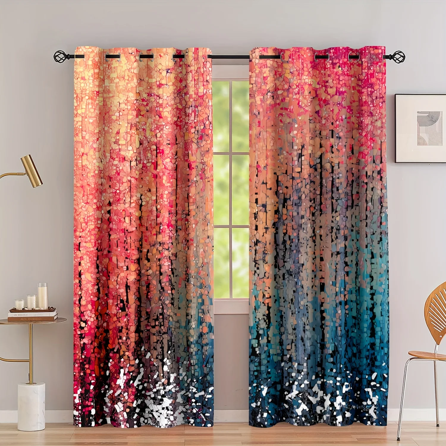 2pcs/set Abstract Crystal Color Art Digital Printed Curtain Grommet Top Living Room Curtain Blocking Curtain Translucent Curtain