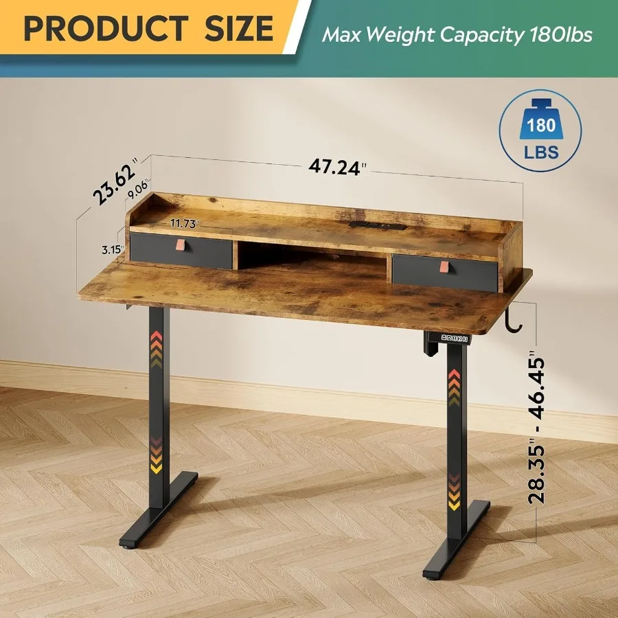 مكتب قائم كهربائي 48 × 24 Ih مع أدراج مكتب كمبيوتر مع 3 رف تخزين بارتفاع قابل للتعديل مدمج 2 تيار متردد + 2 منافذ USB #3