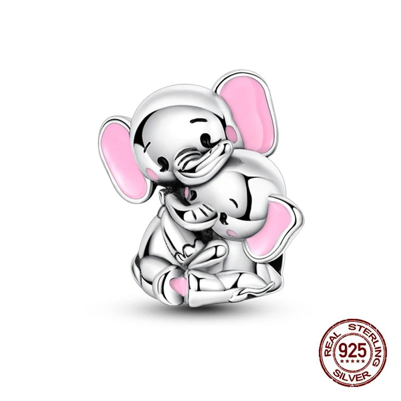 Charm 925 Sterling Silver Pink Mother Daughter Hug Elephants Beads Charm Fit Original Charm Bracelet Necklace Beads DIY Jewerlry