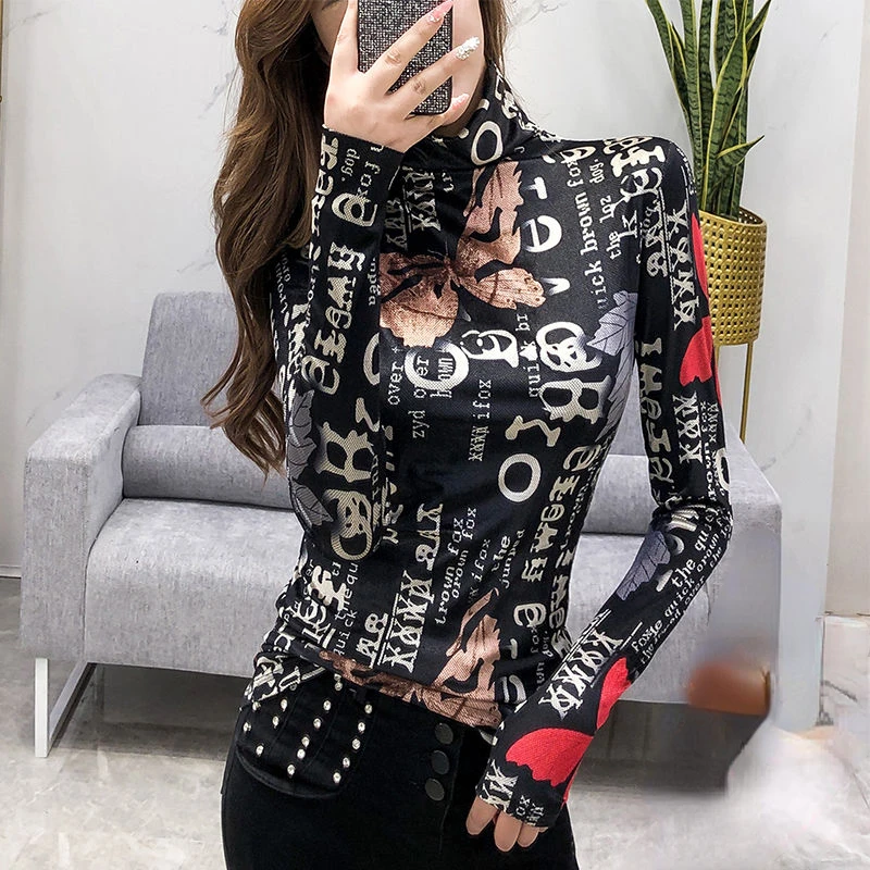 

2023 New High-neck T-shirt Base Shirt Female Spring and Autumn Fashion Printed Foreign Style with Long Sleeve Small Shirt Female