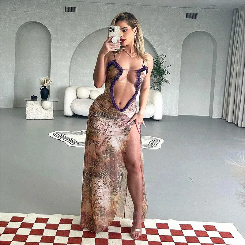 

Sexy Animal Print Long Dress for Women Summer Mesh Sheer Beach Holiday Outfits Sleeveless Hollow Out Split Club Party Dress 2024