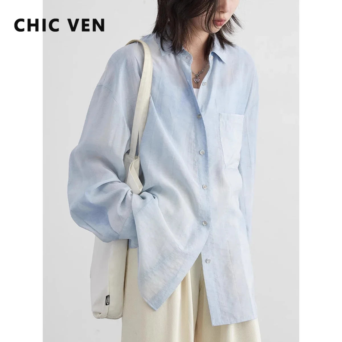 CHIC VEN Women Shirt Loose Casual Textured Tie Dye Collar with Split Long Sleeved Blouses Sun Protection Ladies Coat Summer 2024