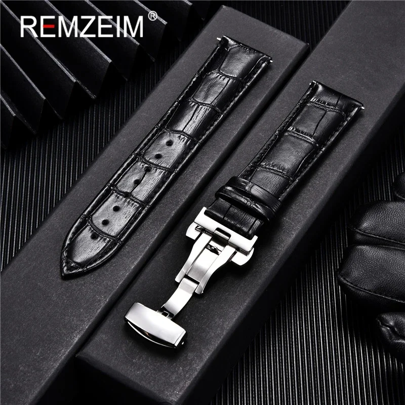 REMZEIM Genuine Leather Strap with Automatic Buckle Watch Band 18mm 20mm 22mm 24mm Replacement Straps Watch Accessories