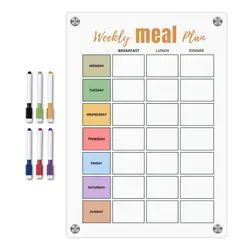 Tableau Magnétique de Planning de Repas Blanc, avec 6 Stylos Colorés, Tampons de Liste d'Épicerie Effaçables, pour Réfrigérateur