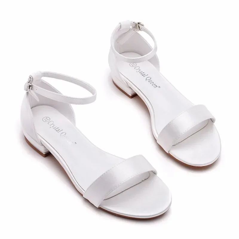 Sexy Ankle Strap Sandals Women Party Elegant Silk 2CM Flat Heels Buckle Strap Modern Sandals Dress Women\'s Shoes White Girls