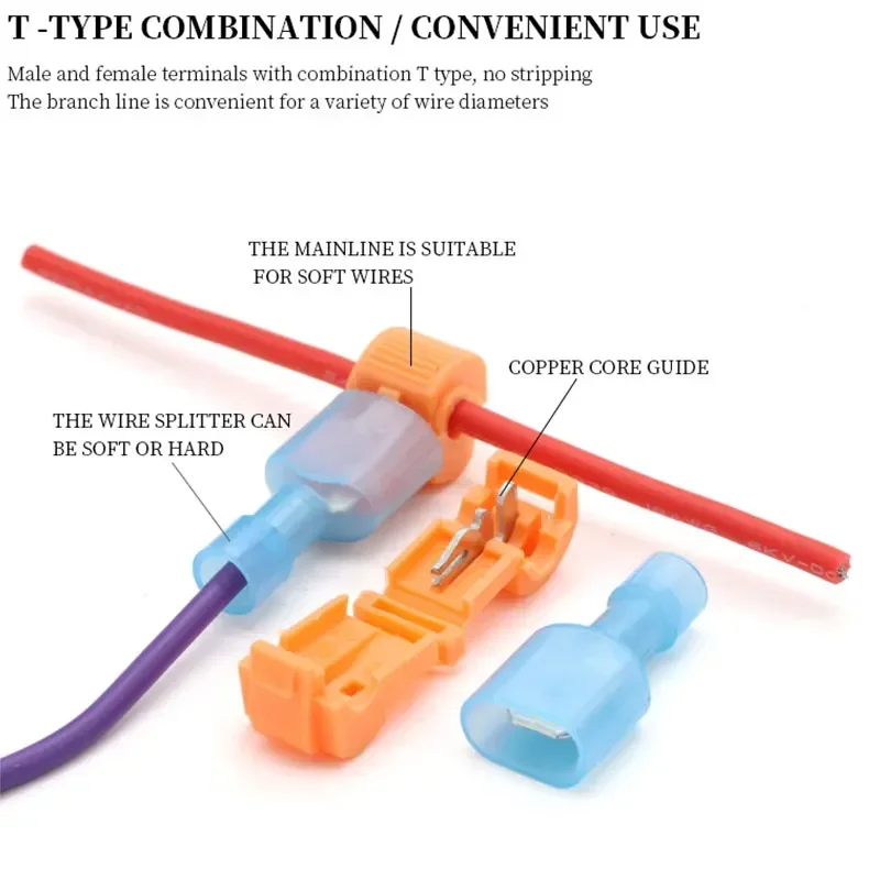 10/50pcs T-Tap Wire Connectors Self-Peeling Quick Splice Wire Terminal Insulation Male Quick Disconnect Spade Terminal Combo Kit