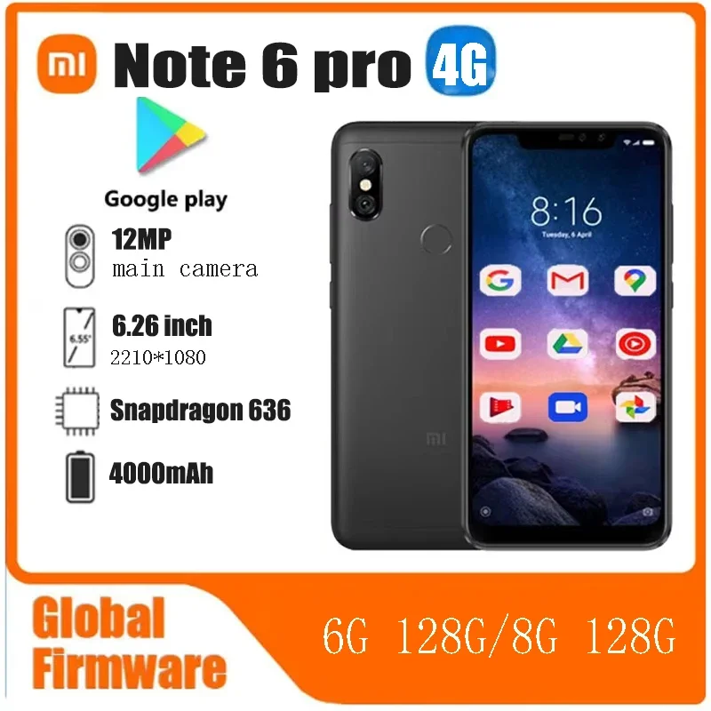 Xiaomi-Redmi Note 6 Pro Smartphone, Snapdragon 636, Câmera 12MP, 6,26 polegadas, Rom Global, 2280x1080 Pixels, 4000mAh, Telefone Usado