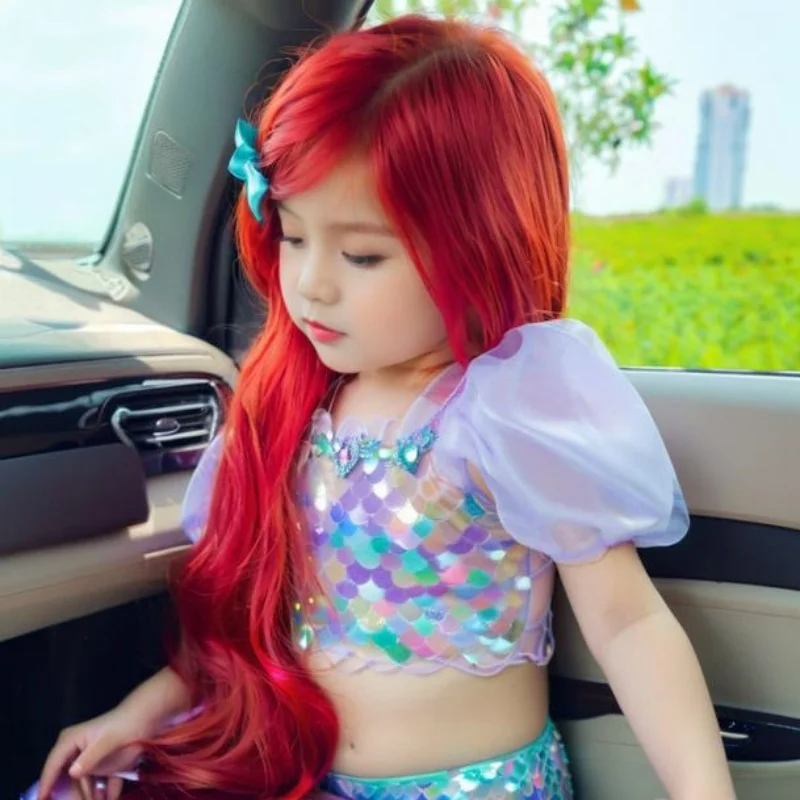 Children's Red Mermaid Princess Wig Synthetic Long Wavy Hair Extensions Big Waves Cosplay Head Cover Wigs for Girls