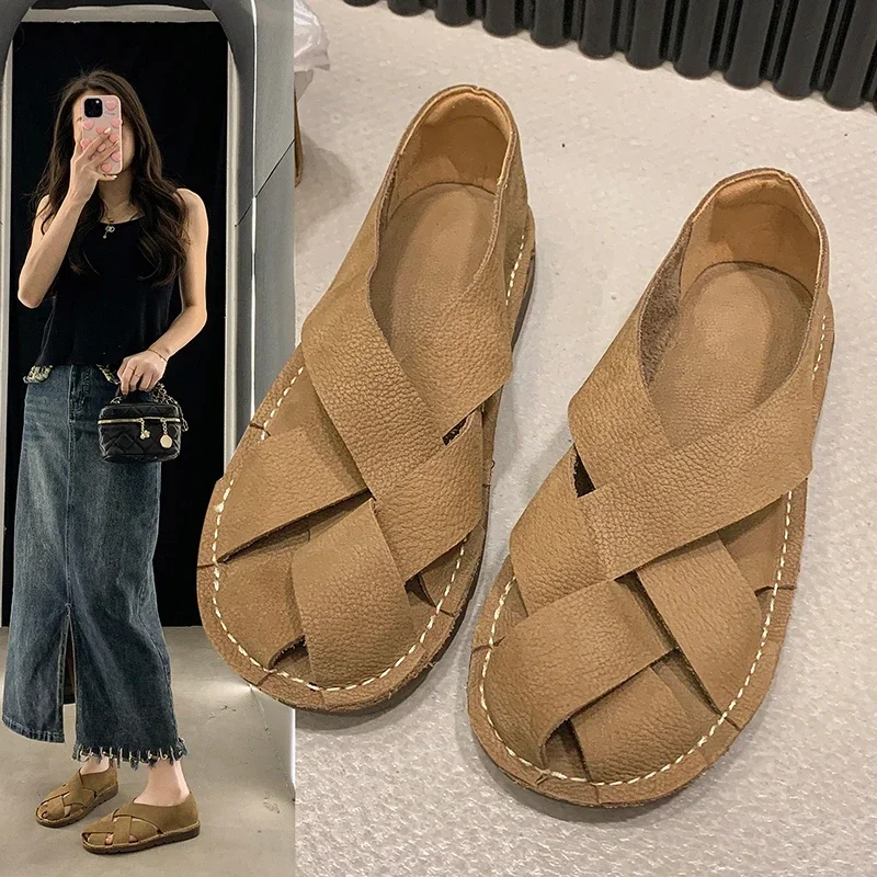 Leather Women\'s Sandals Top Layer Cowhide Handmade Woven  Women Casual Flats The Retro Art Mori Girl Shoes 2024 New