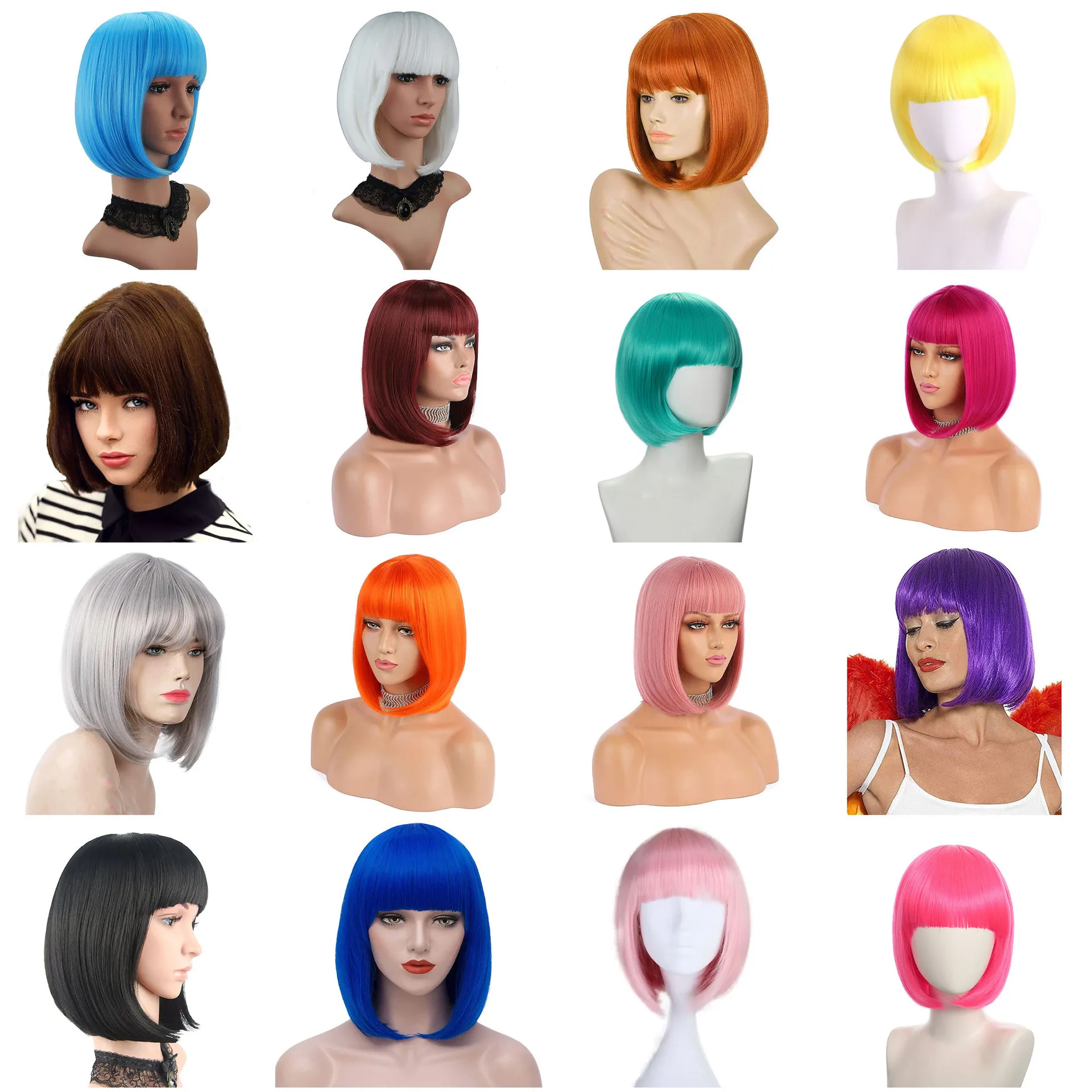 شعر مستعار عالمي للرجال والنساء، شعر مستعار بوب ملون، غرة مستقيمة، دعامة الهالوين، شعر قصير على الطراز الأوروبي والأمريكي #1