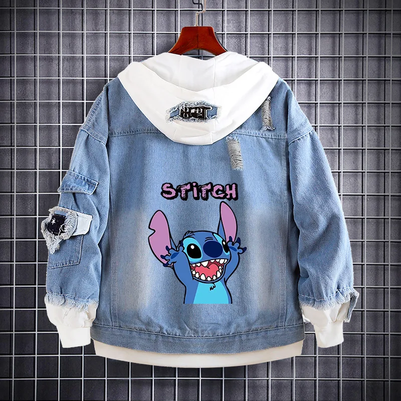 Disney Anime Stitch Children Denim Jacket Cute Loose Fitting Spring Autumn Hooded Sweater Outdoor Sport Coat Boy Birthday Gift