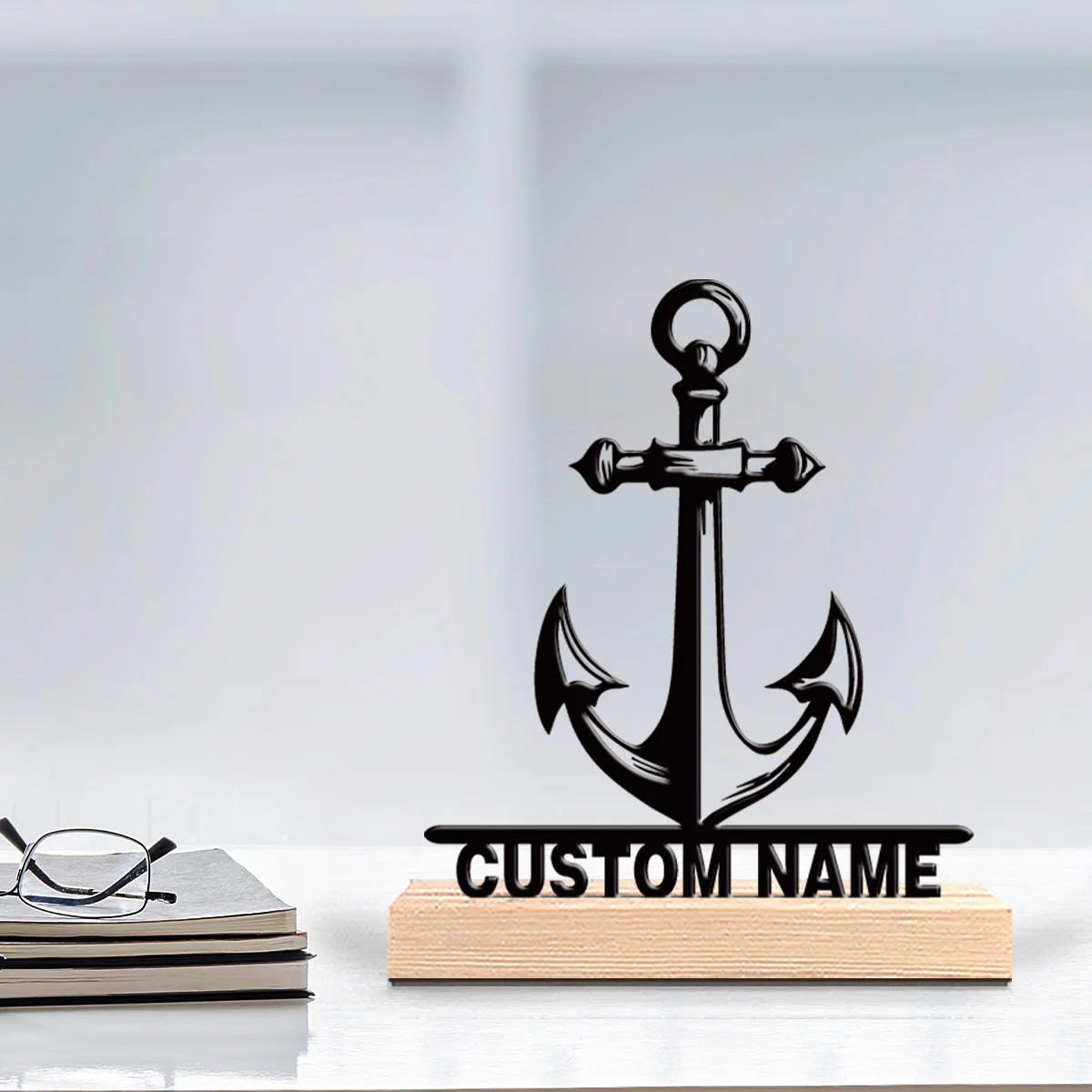 1pc Stylish Personalized Custom Anchor Metal Art With Wooden Base Tabletop Decoration Spooky Halloween, Christmas Decor for Hom