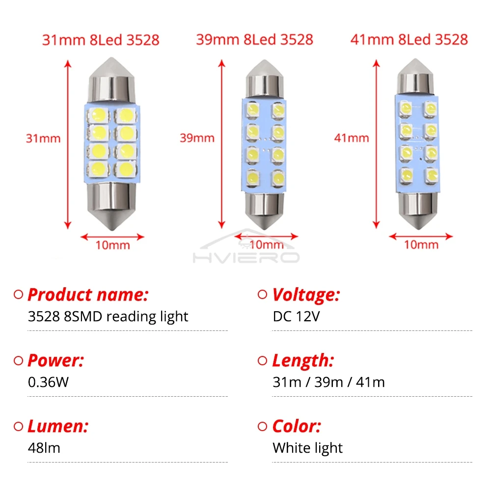 2PCS 31mm 36mm 39mm 41mm DC12V T10 White 3528 8SMD Reading Lights LED Festoon Dome Door Lamp Decorating Tail Bulb Double Pointed