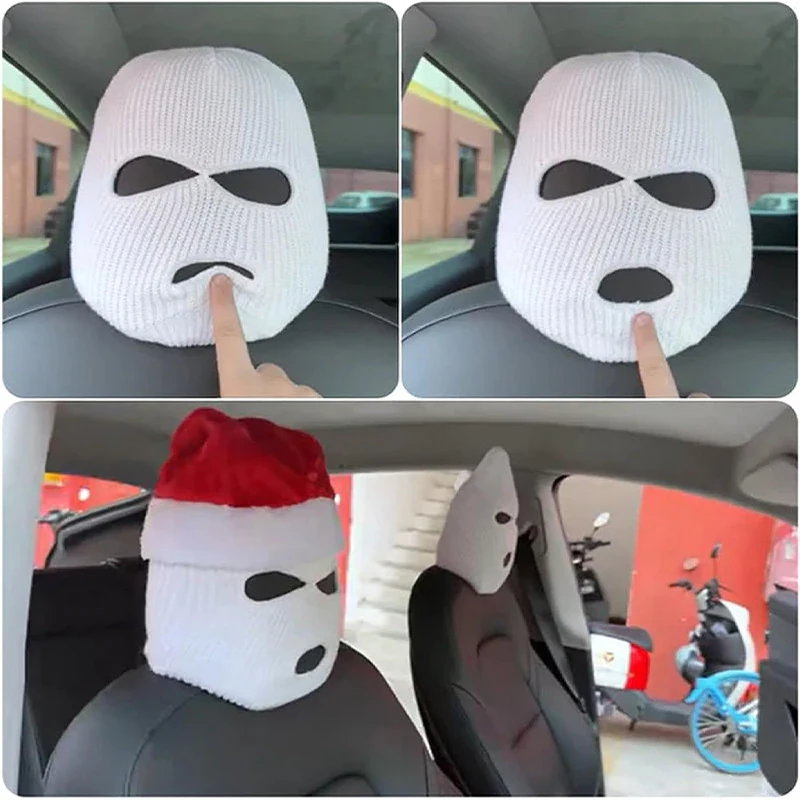 1PC Funny Spoof Car Seat Headgear Headrest Cover 3 Hole Knitted Face Mask Seat Cover Car Creative Seat Decorations Accessories