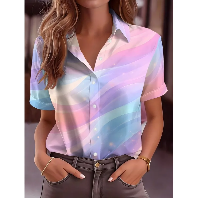 Women's Fashion Lapel Button Short-Sleeved Shirt Colorful Printed Elegant Casual Minimalist Design Slimming Comfortable Daily We
