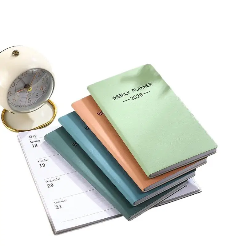1pc 64 Sheets 128 Page Thin Weekly Calendar Book A6 Size 2026 Daily Planner, Morandi Color Leather Calendar