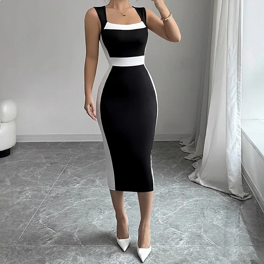 Elegant Square Neck Sleeveless Maxi Dress Women Contrast Color Long Dresses Spring Summer Chic Party Evening Dress