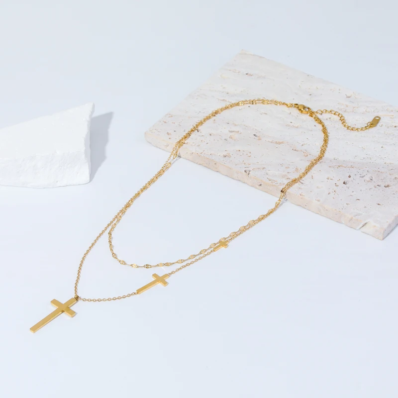 EILIECK 316L Stainless Steel Gold Color Cross Pendant Necklace For Women New 2in1 Choker Chains Jewelry Lady Gift Party Bijoux