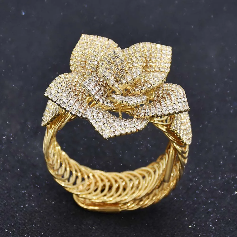 Women\'s Exaggerated Gold Hollow Flower Wide Bracelet Party Jewelry Gift Rose Gold Silvery Color Bangle for Women Party Dance