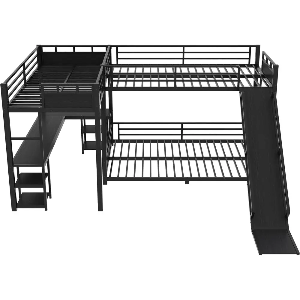 Heavy Duty Triple Bunk Bed, Twin XL Over Queen L-Shaped with Slide, Desk, and Storage, Black view 4