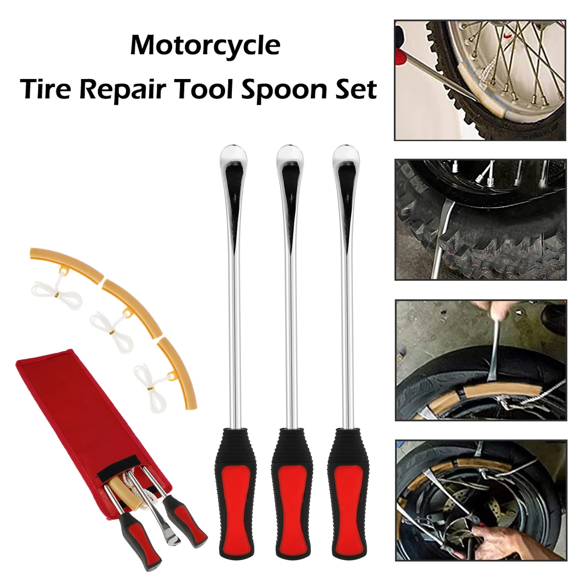 3Pcs Motorcycle Tire Repair Tool Set Lever Spoon with Anti Slip Handle Rim Protection Valve Heavy Duty Vehicle Tire Iron Kit