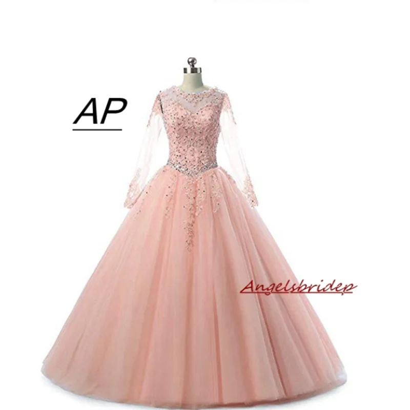 

ANGELSBRIDEP Blush Pink Long Sleeves Quinceanera Dress Ball Gown Sexy Sheer Neck Appliques BirthdayCelebrity Party Gowns Corset