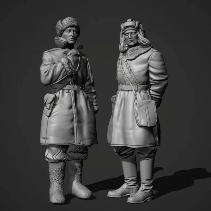 1/35 Harzfiguren-Modellbausätze, sowjetische Panzeroffiziere im Schaffellmantel, 2er-Set, Miniaturspielzeug, zerlegt, unbemalt, 150 Stück