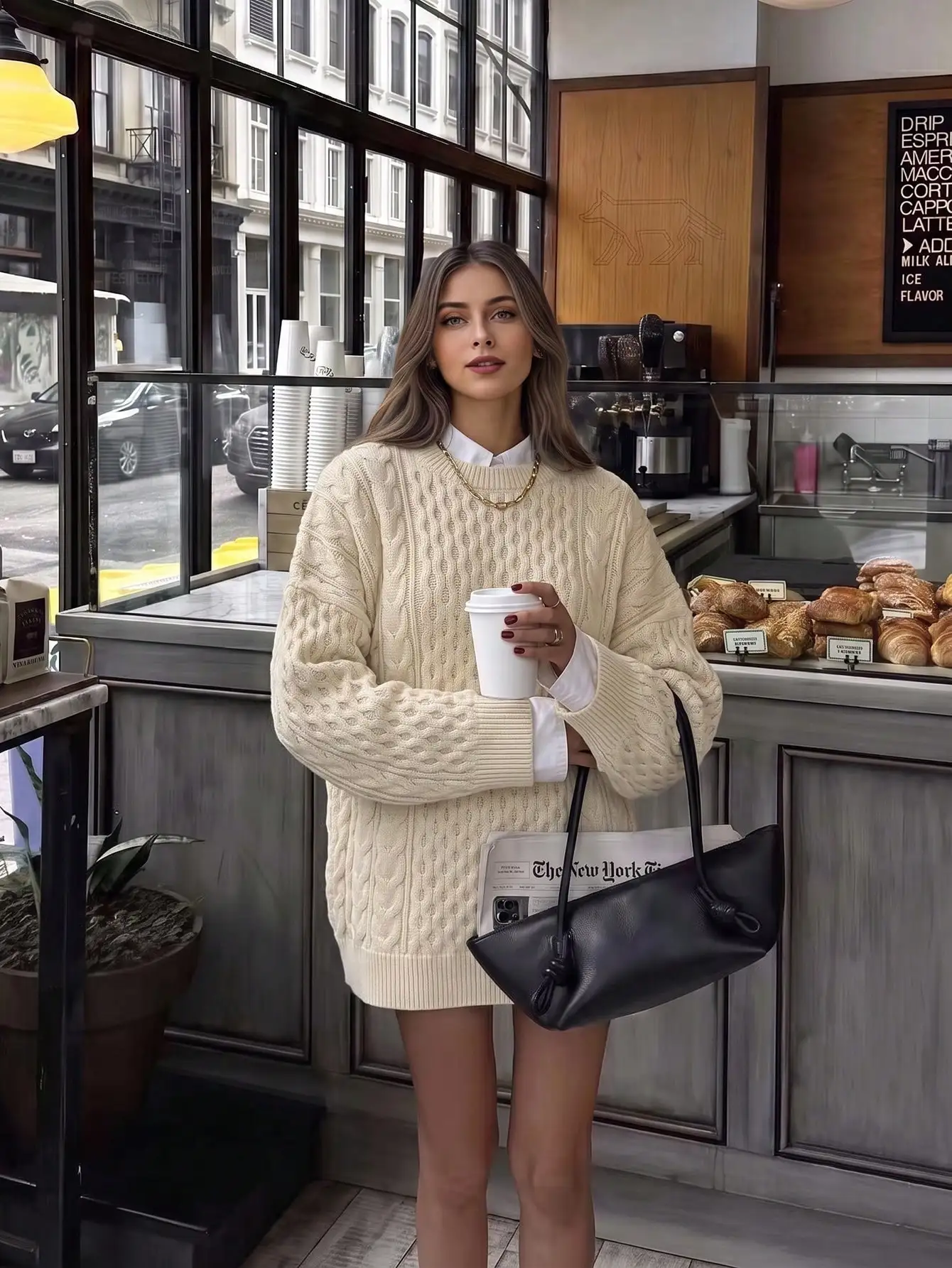 Old Money Preppy Aesthetic Crewneck Cable Knitwear Effortless Downtown Chic Style Long Sleeve Soft Pullover Top Warm Vanilla Apricot Solid Hue Intricate Twisted Rope Braided Texture Ribbed Trims Slouchy Fit For Autumn Bakery Date Christmas Gift