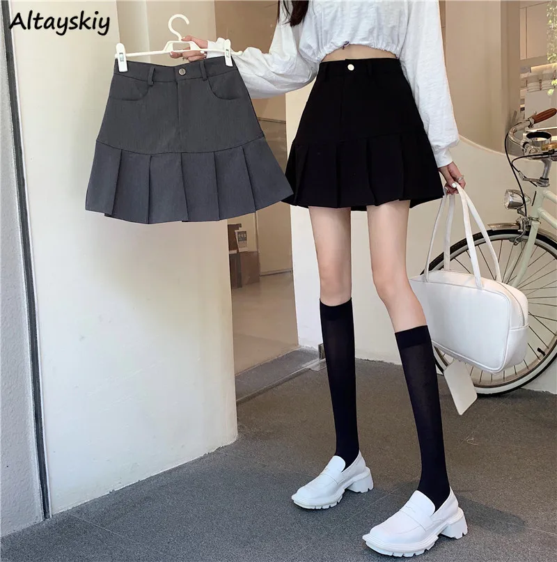 

Mini Skirts Women Black Summer High Waist A-line Pleated Korean Style Sweet Simple Hot Girl Daily Solid Button All-match Stylish