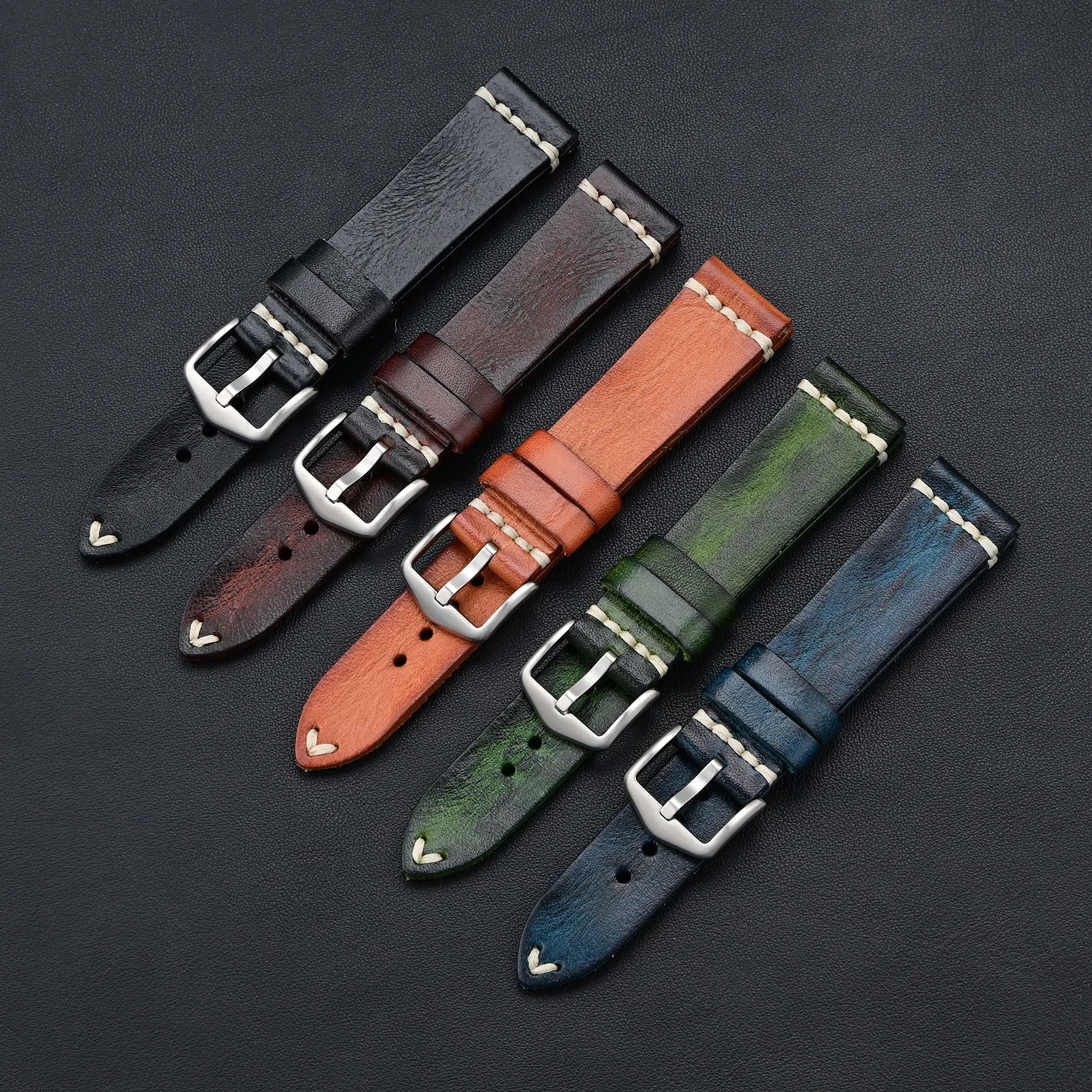 Genuine Pull Up Leather Watch Band for Rolex Submariner Hulk Kermit Black GMT Vintage Hand-Stitched Cowhide Strap 20mm 22mm 24mm