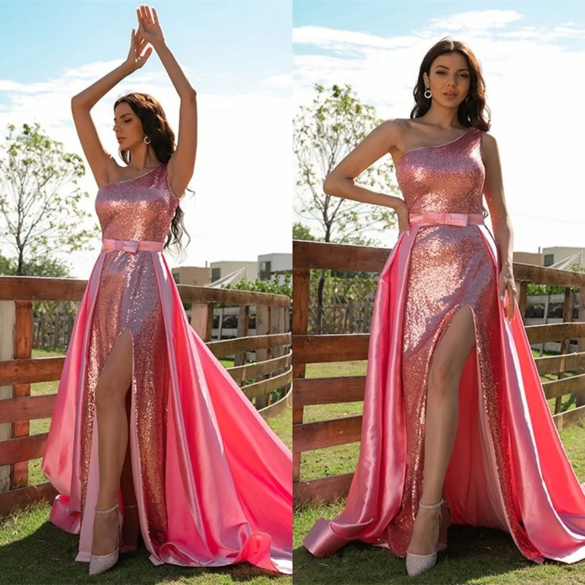 One Shoulder Pink Sequined Evening Dresses with Detachable Train Side Slit Prom Dress Women Maxi Party Gown Robes De Mariee